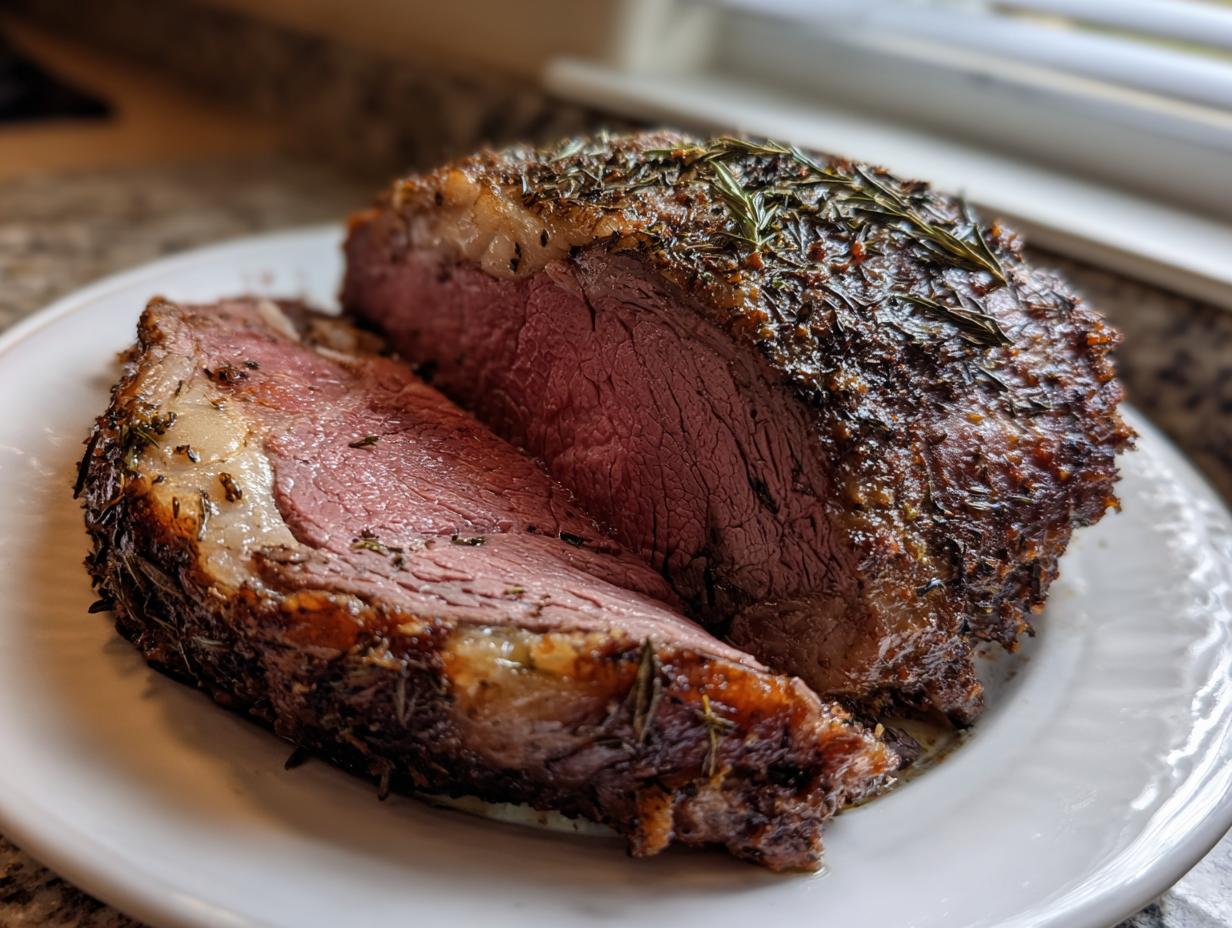 Close-up of a juicy prime rib recipe roast, sliced to show a perfectly cooked medium-rare center and herb crust.
