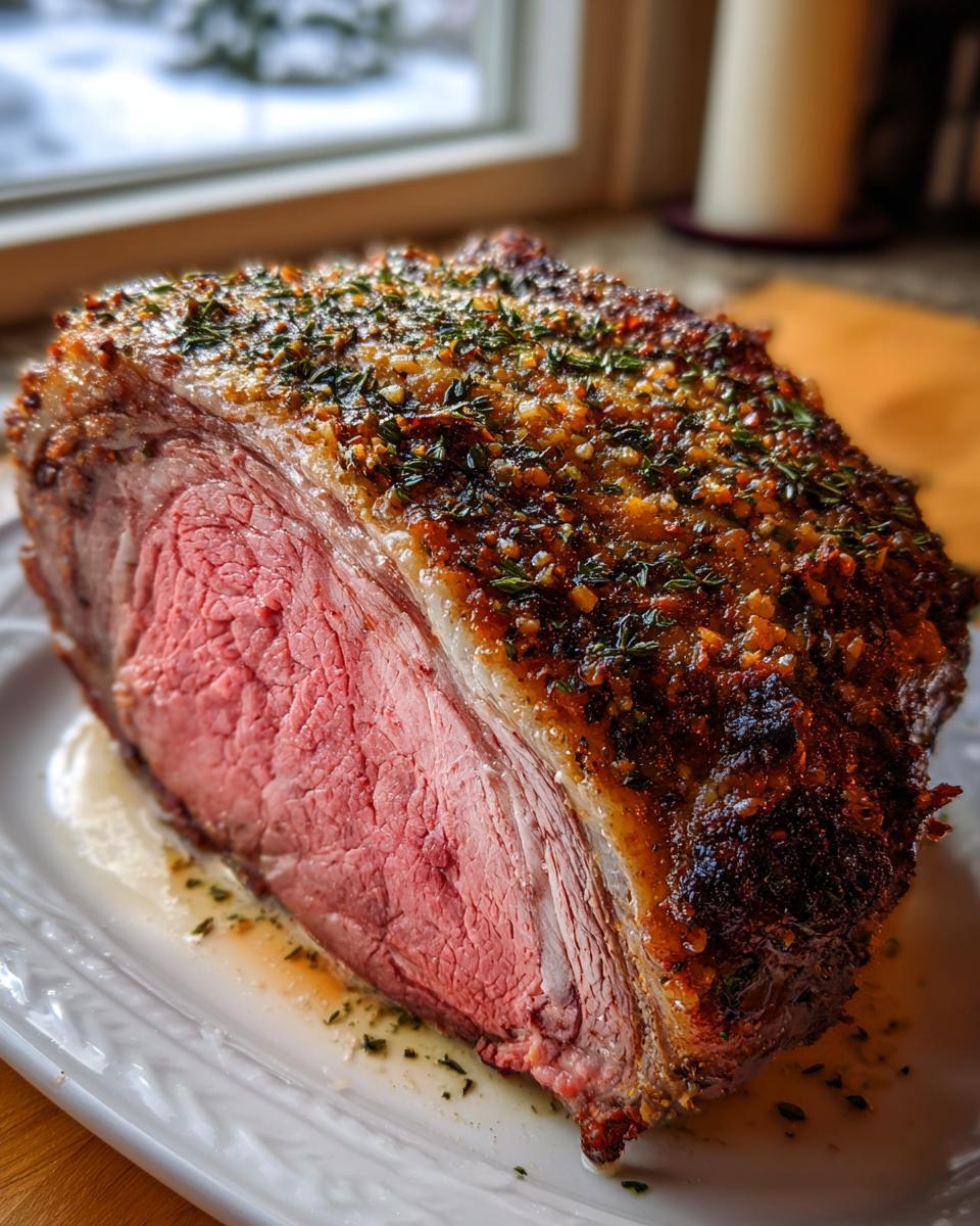 Close-up of a juicy prime rib recipe roast, perfectly medium-rare, resting on a white platter with herb crust.