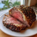 Close-up of a juicy prime rib recipe roast, sliced to show medium-rare center and herb crust.