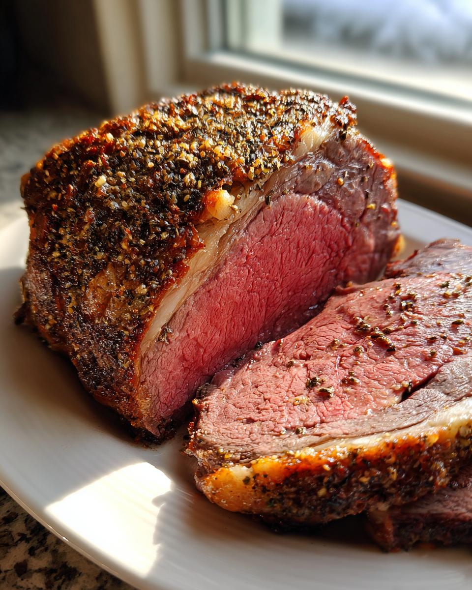 A cross-section of a juicy prime rib recipe roast showing a perfectly medium-rare center and a heavily seasoned crust.