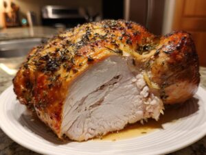 Close-up of a perfectly roasted turkey breast, sliced to show moist white meat and crispy, herb-crusted skin.