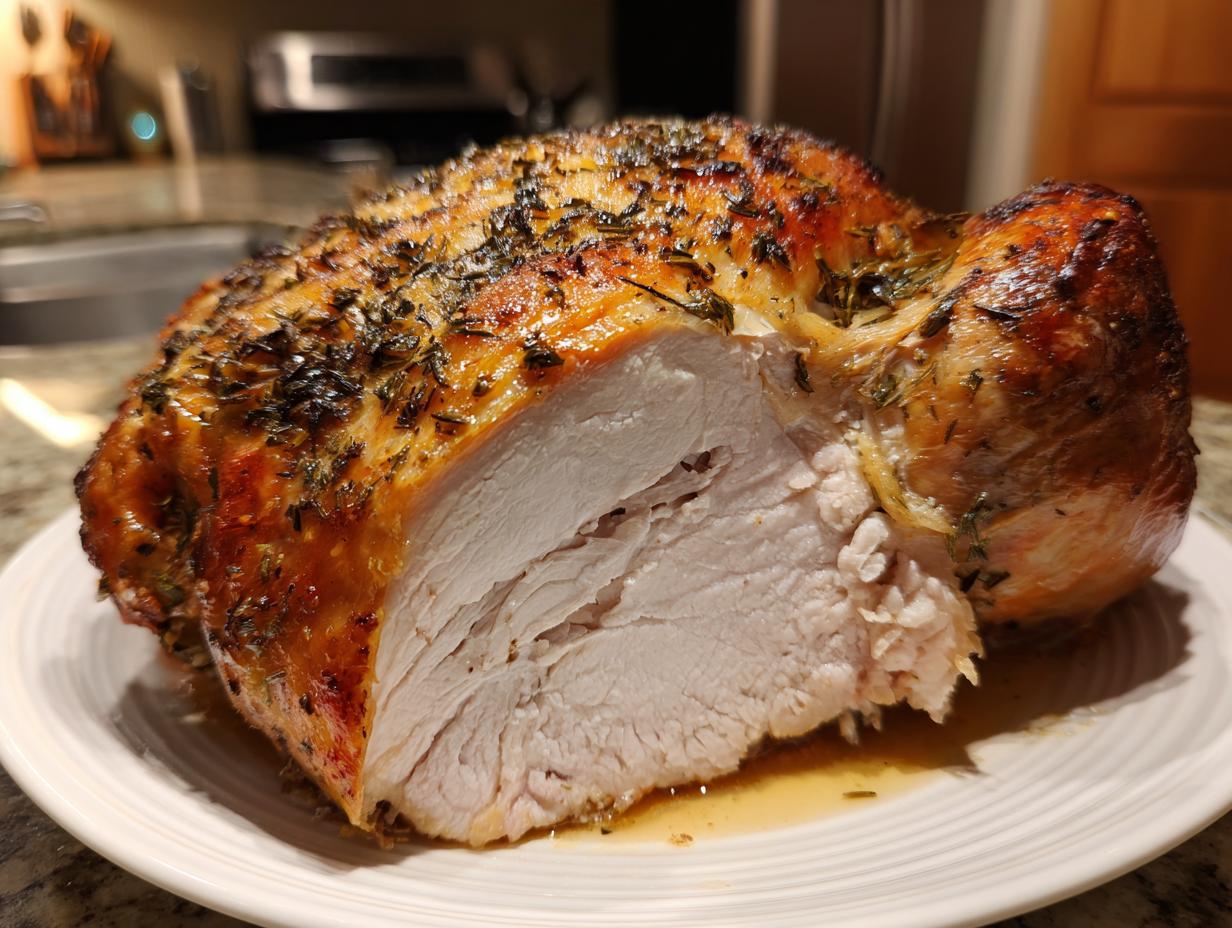 Close-up of a perfectly roasted turkey breast, sliced to show moist white meat and crispy, herb-crusted skin.