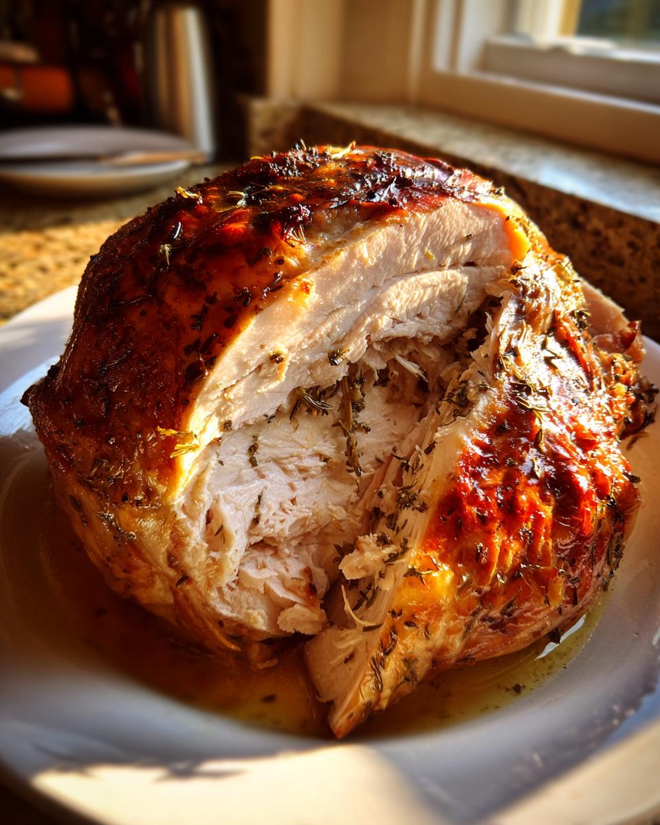 Close-up of a perfectly cooked, sliced turkey breast showing moist white meat and a golden, herb-crusted skin.