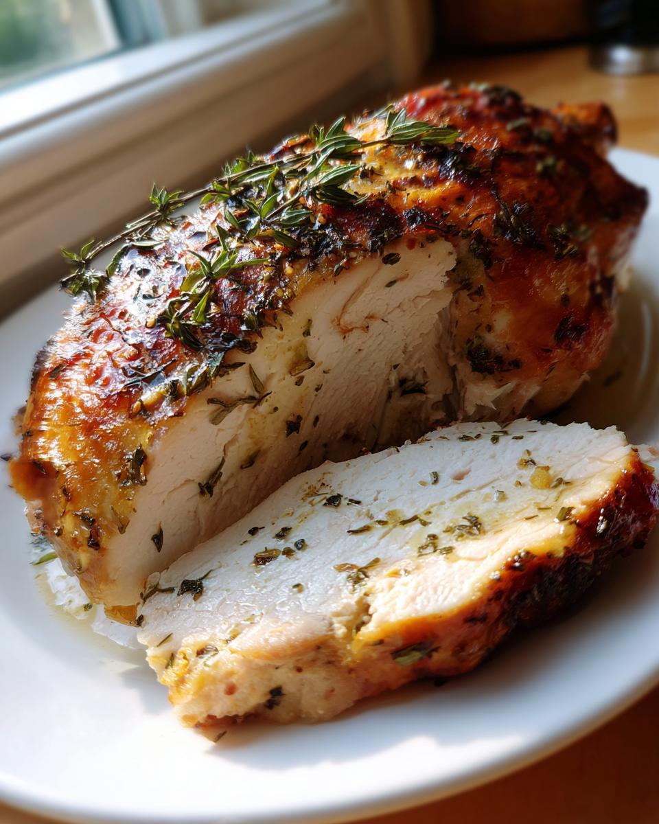 Close-up of a perfectly cooked, juicy turkey breast, sliced to show moist white meat seasoned with herbs.