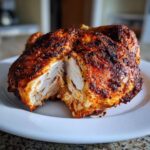 Close-up of perfectly cooked spatchcock chicken breast showing juicy white meat and crispy, dark-red seasoned skin.