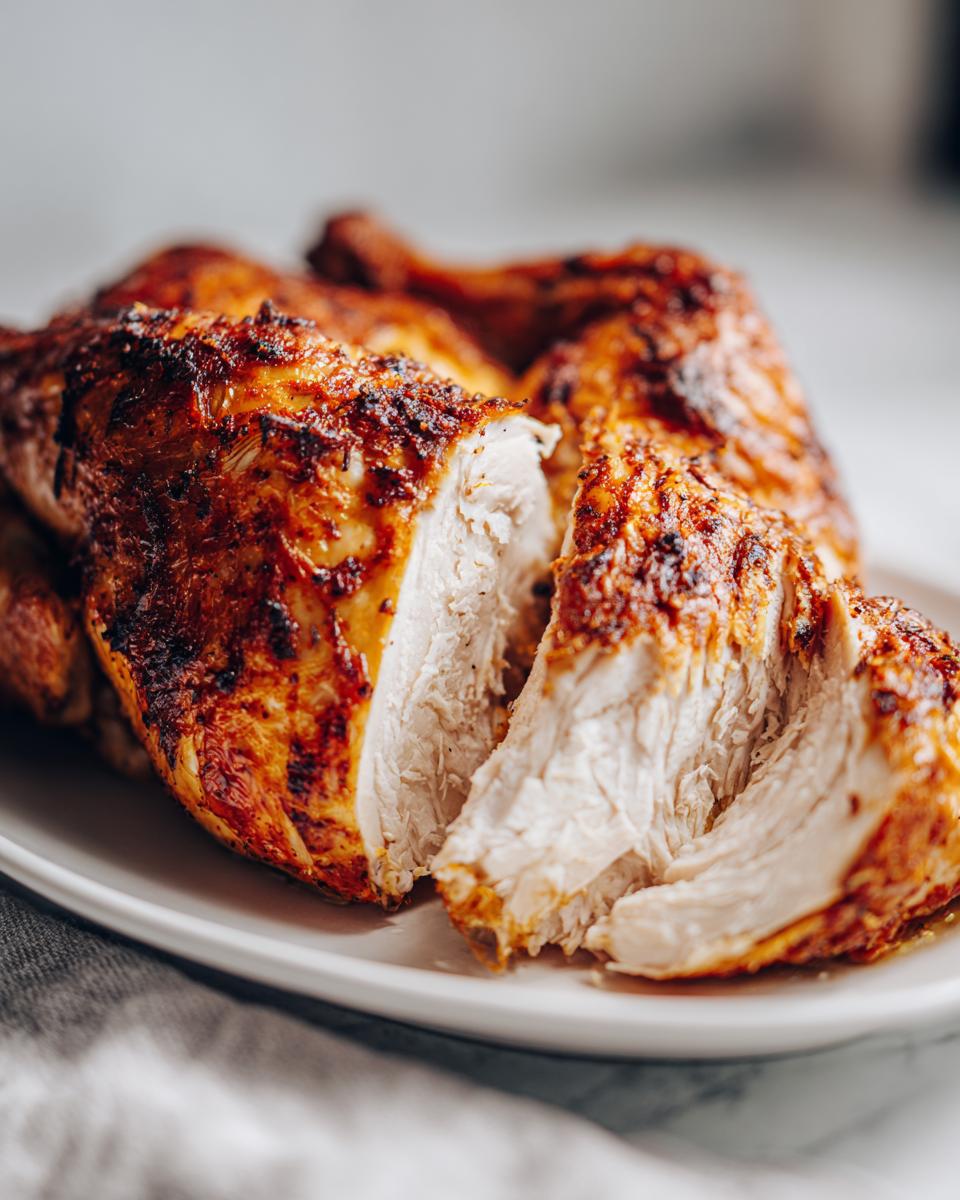 Close-up of perfectly cooked spatchcock chicken, sliced to show juicy white meat and crispy, browned skin.