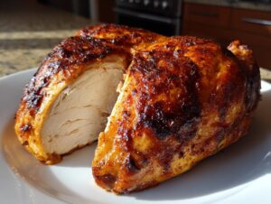 Close-up of a perfectly cooked spatchcock chicken cut in half, revealing moist white breast meat and crispy, browned skin.