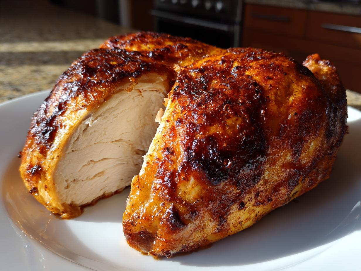 Close-up of a perfectly cooked spatchcock chicken cut in half, revealing moist white breast meat and crispy, browned skin.