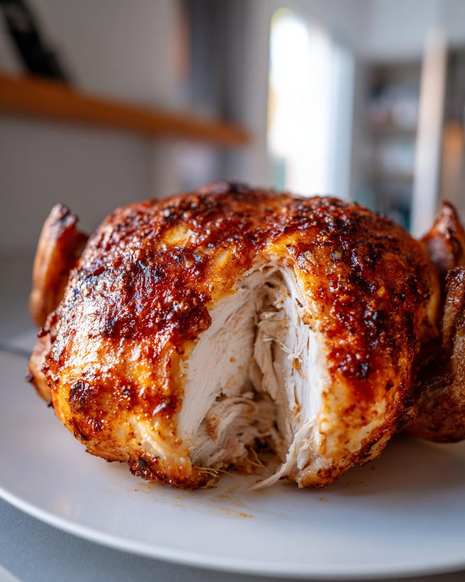 Close-up of a perfectly roasted spatchcock chicken showing moist white meat where a piece has been removed.