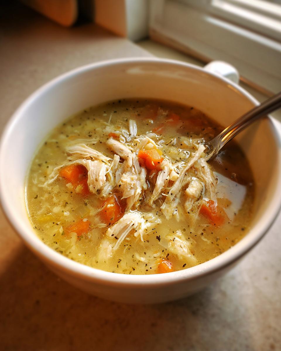 Close-up of a white bowl filled with steaming turkey soup, featuring shredded turkey, diced carrots, and visible herbs.