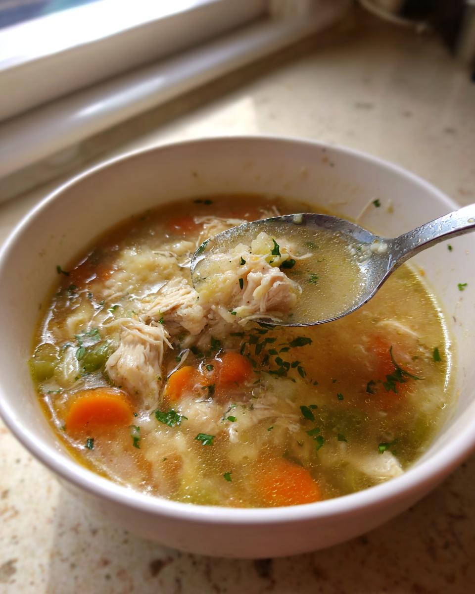 A spoonful of rich turkey soup, full of shredded turkey, carrots, and herbs, being lifted from a white bowl.