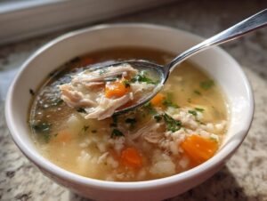 A spoonful of hearty leftover turkey soup, showing shredded turkey, carrots, and rice, lifted from a white bowl.