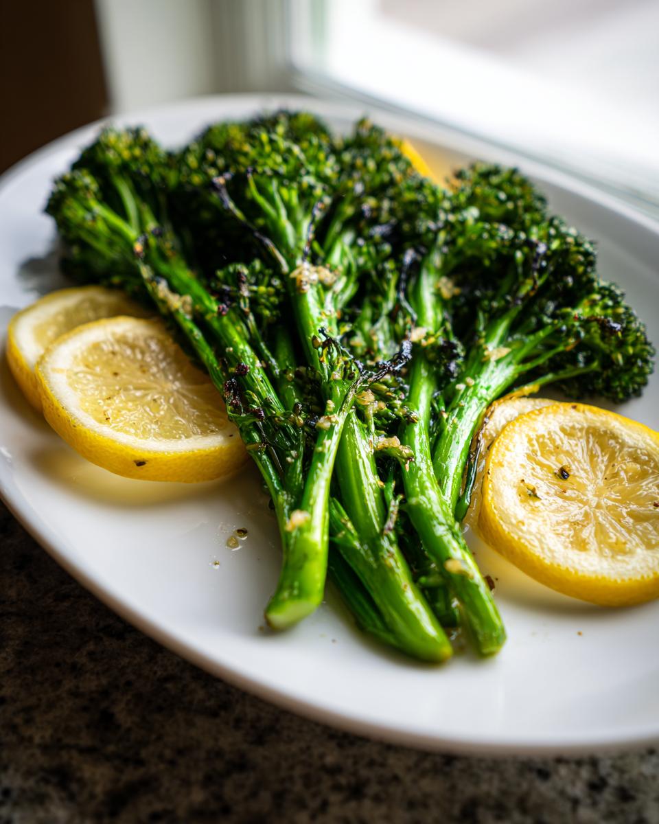 A serving of bright green, roasted broccolini garnished with lemon slices on a white platter.