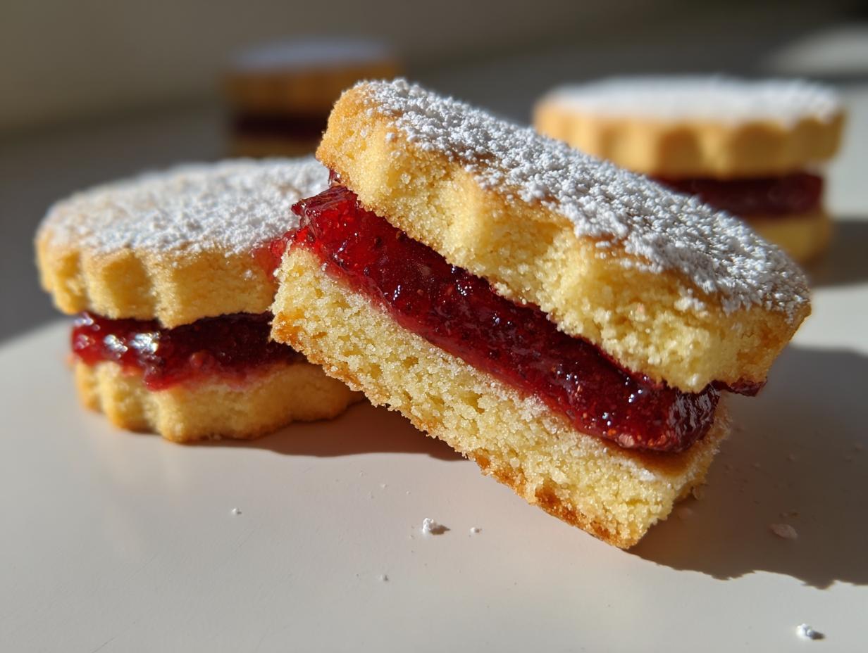 Close-up of two linzer cookies sandwiched with bright red jam and dusted with powdered sugar.