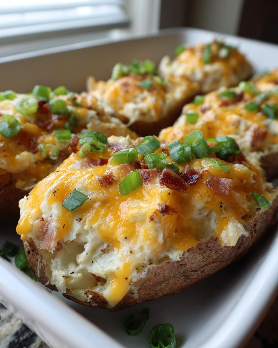 Several halves of a baked potato casserole stuffed with cheesy filling, bacon bits, and green onions.