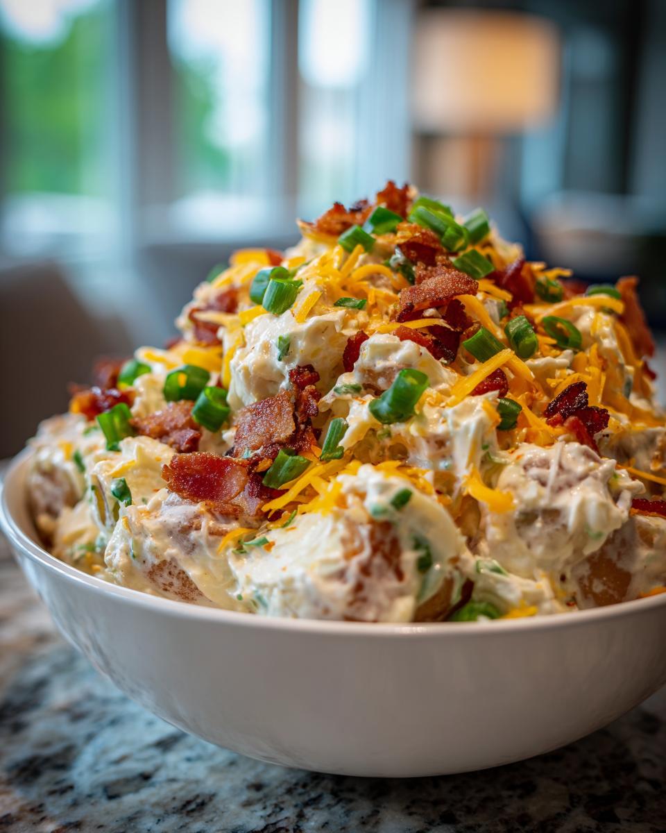 A large white bowl overflowing with loaded baked potato salad topped with bacon, cheddar cheese, and green onions.