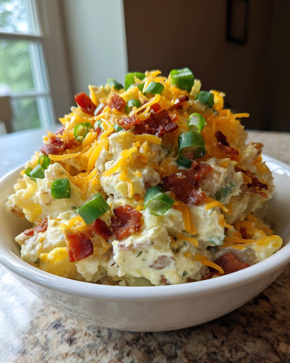 A creamy bowl of baked potato salad topped generously with shredded cheddar cheese, bacon bits, and green onions.