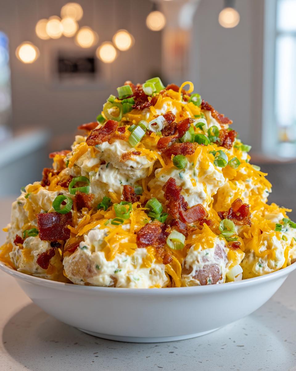 A large white bowl overflowing with loaded baked potato salad topped with shredded cheese, bacon, and green onions.