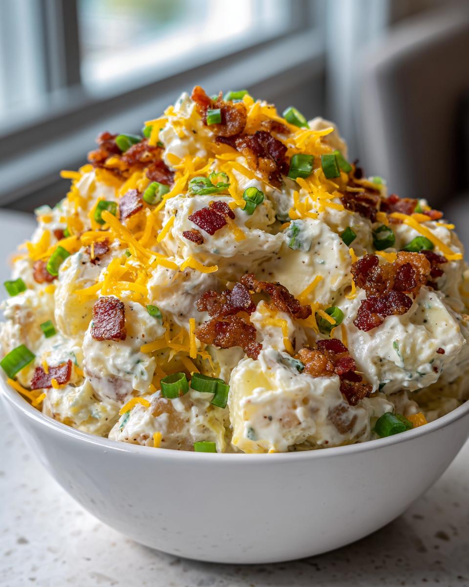 A generous serving of creamy baked potato salad topped with shredded cheddar cheese, bacon bits, and green onions.