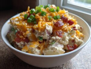 A close-up of creamy baked potato salad topped with shredded cheddar cheese, bacon bits, and green onions.