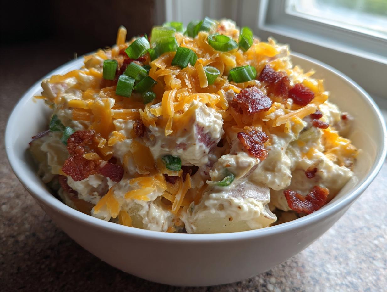 A close-up of creamy baked potato salad topped with shredded cheddar cheese, bacon bits, and green onions.