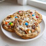 Close-up of four thick, loaded kitchen sink cookies topped with M&Ms, pretzels, and white chocolate drizzle.