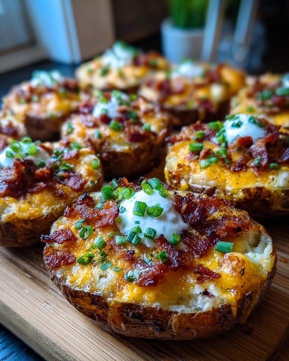 Close-up of fully loaded potato skins topped with melted cheddar, bacon bits, sour cream, and chives.