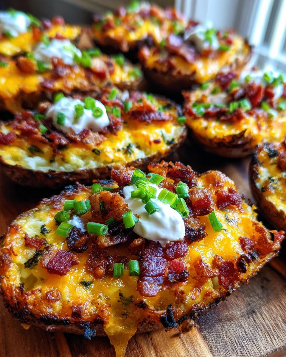 Close-up of crispy, loaded potato skins topped with melted cheddar, bacon bits, sour cream, and chives.