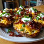 A plate of loaded potato skins topped with melted cheddar cheese, bacon bits, sour cream, and chives.