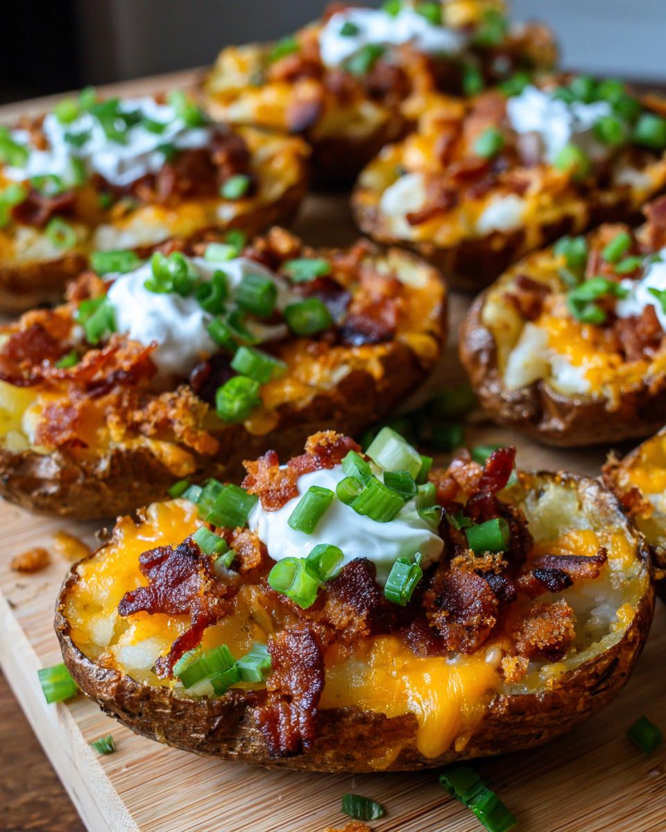Close-up of several loaded potato skins topped with melted cheddar, bacon bits, sour cream, and green onions.