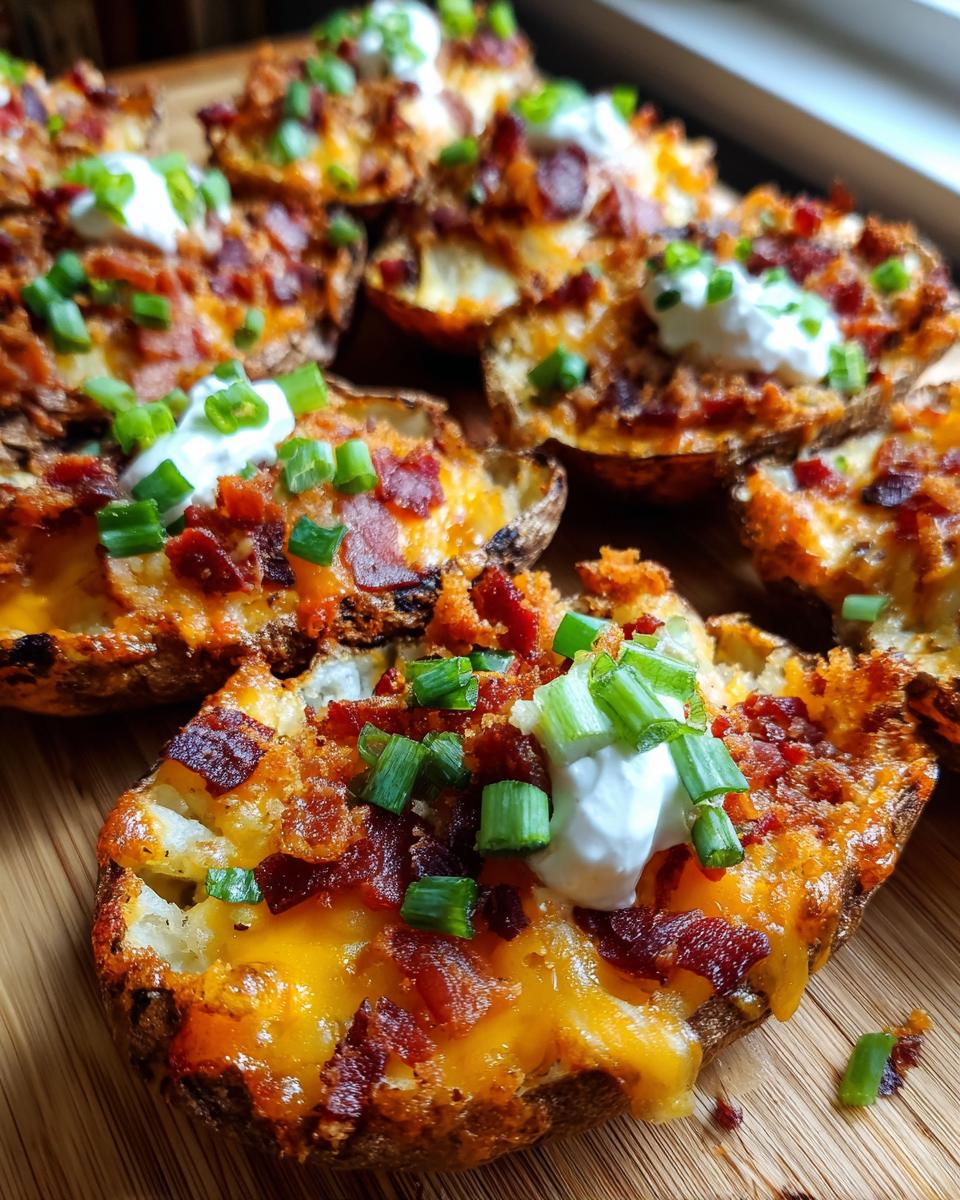 Close-up of several loaded potato skins topped with melted cheddar, bacon bits, sour cream, and green onions.