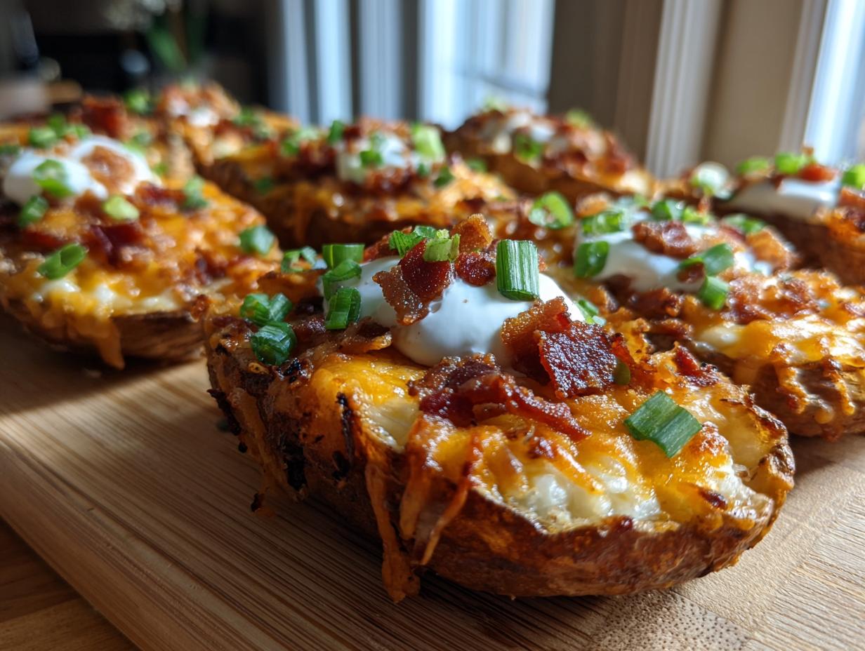 Close-up of several loaded potato skins topped with melted cheese, bacon bits, sour cream, and green onions.