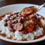 Close-up of creamy Louisiana beans and rice topped with sliced smoked sausage, with a spoonful being lifted.