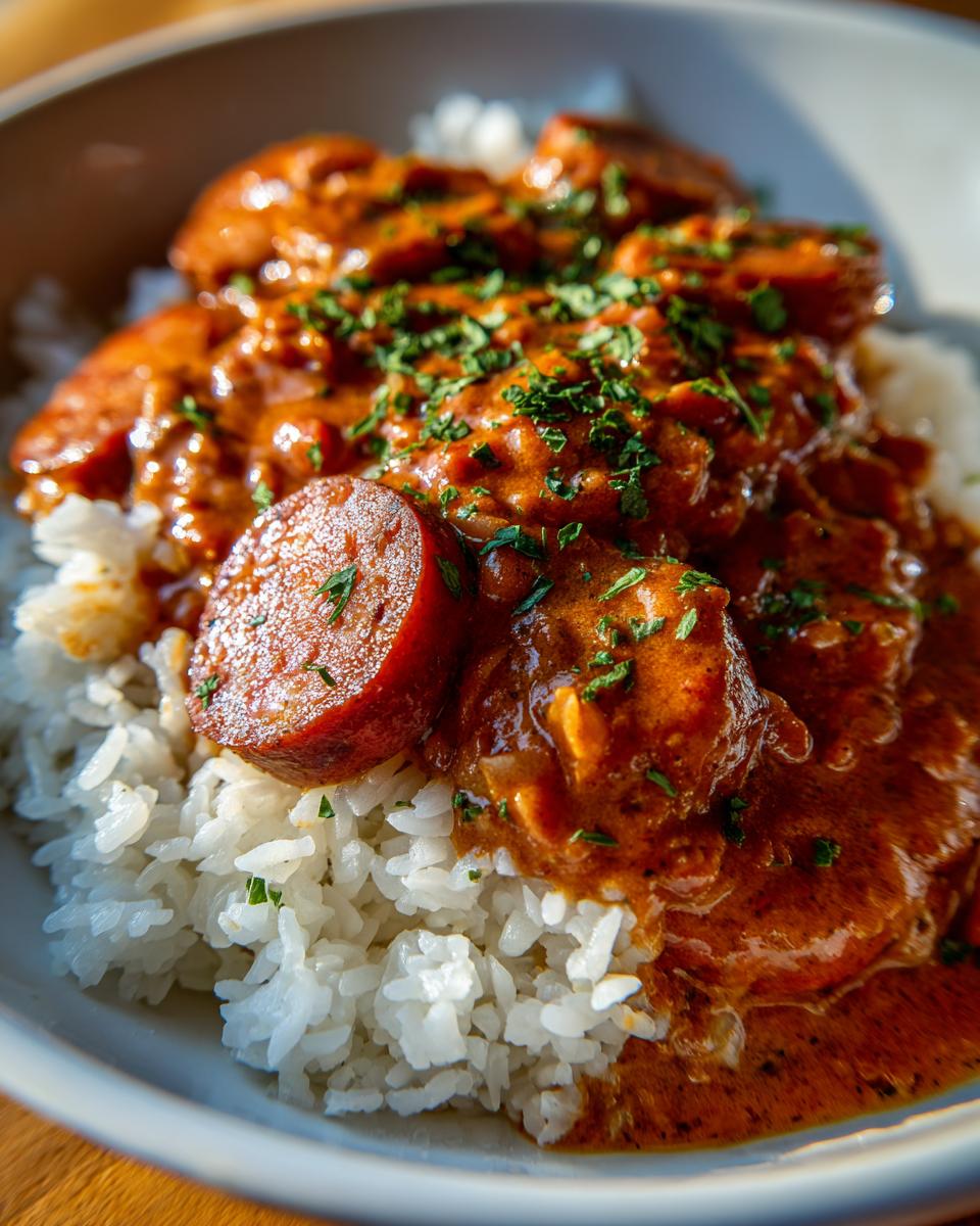 Close-up of a bowl of Louisiana beans and rice topped with rich, dark sauce and sliced andouille sausage.