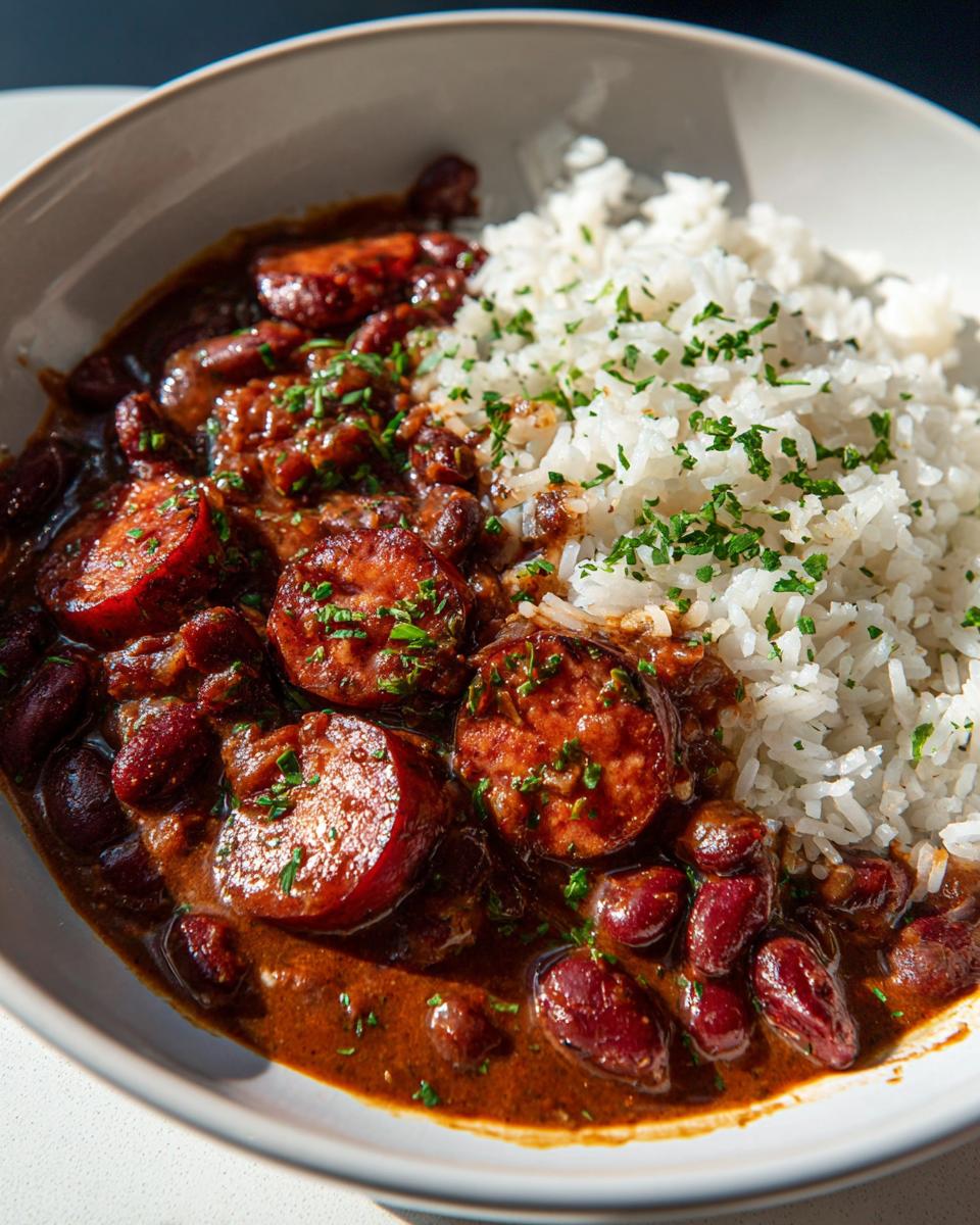 A bowl of rich Louisiana beans and rice featuring red kidney beans, sliced smoked sausage, and white rice topped with parsley.