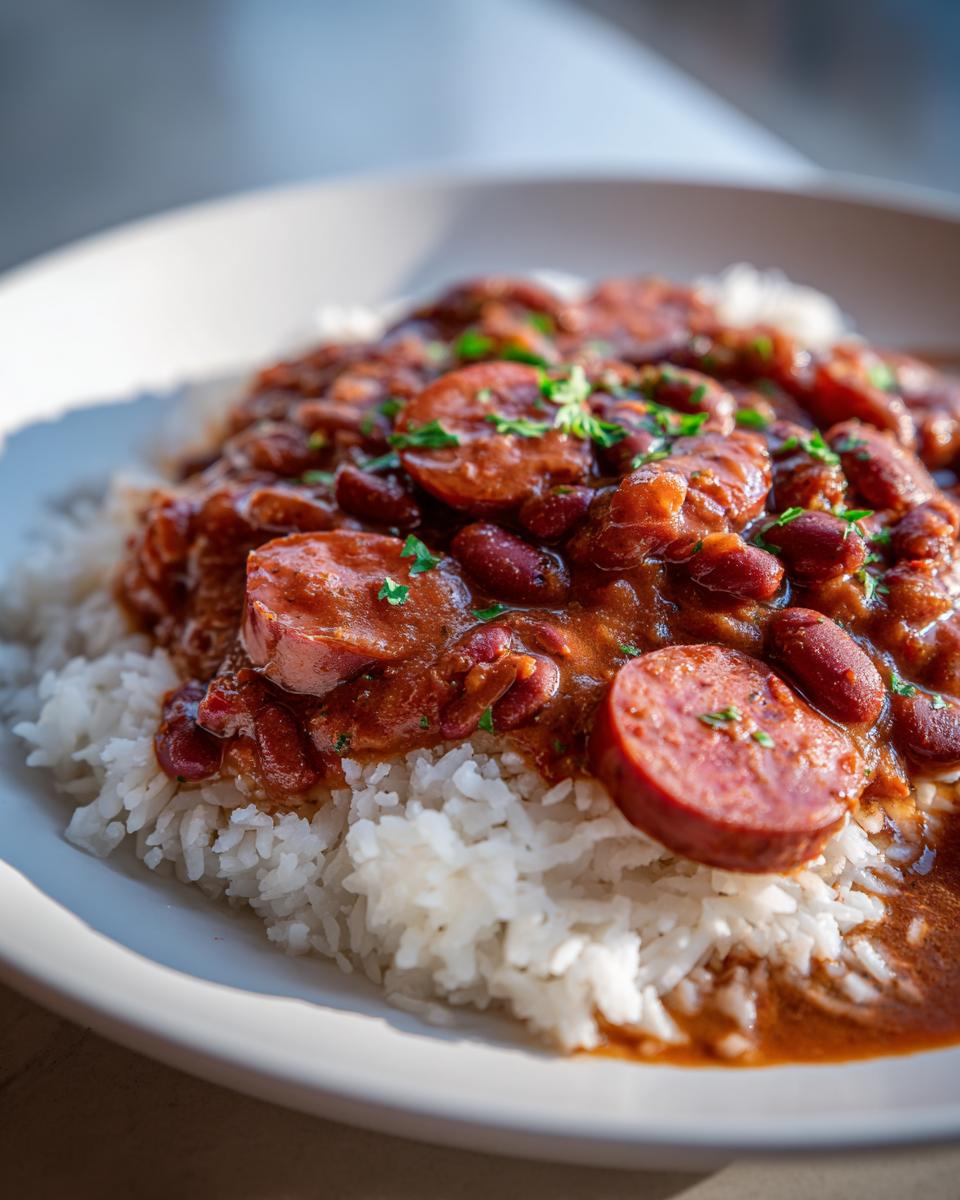 Close-up of classic Louisiana beans and rice served over white rice, topped with sliced sausage and parsley.
