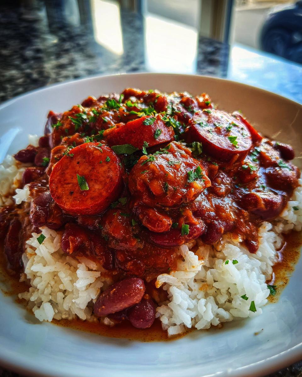 Close-up of a bowl of Louisiana beans and rice topped with sliced smoked sausage and parsley.
