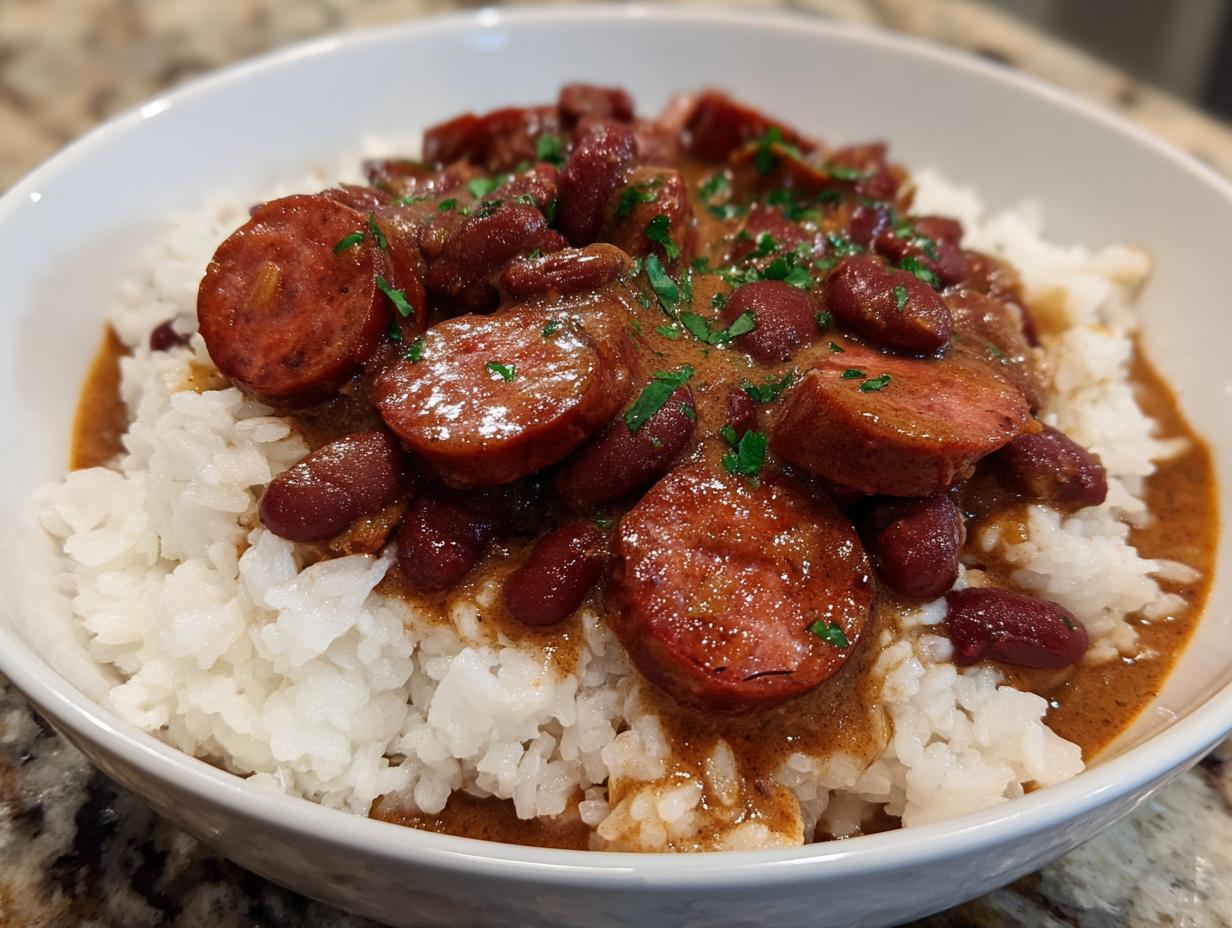 A close-up of creamy Louisiana beans and rice topped with thick slices of smoked sausage and parsley garnish.