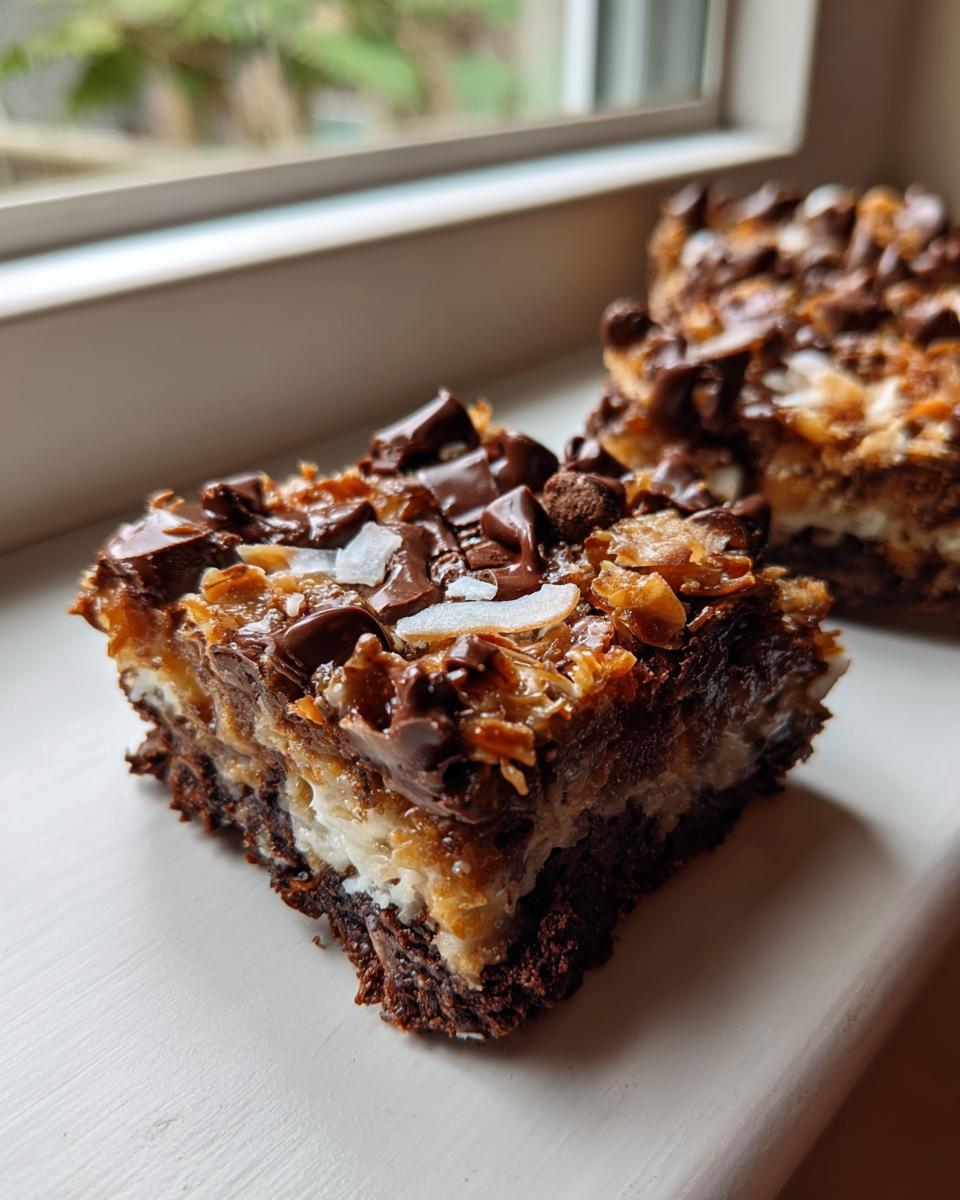 A close-up of a decadent square of magic cookie bars showing the dark chocolate crust, coconut layer, and chocolate chip topping.