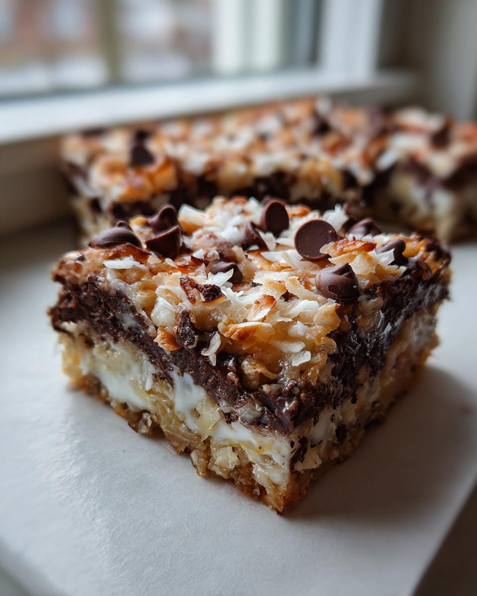 A close-up, cross-section view of a single square of magic cookie bars showing layers of crust, condensed milk, chocolate chips, and toasted coconut.