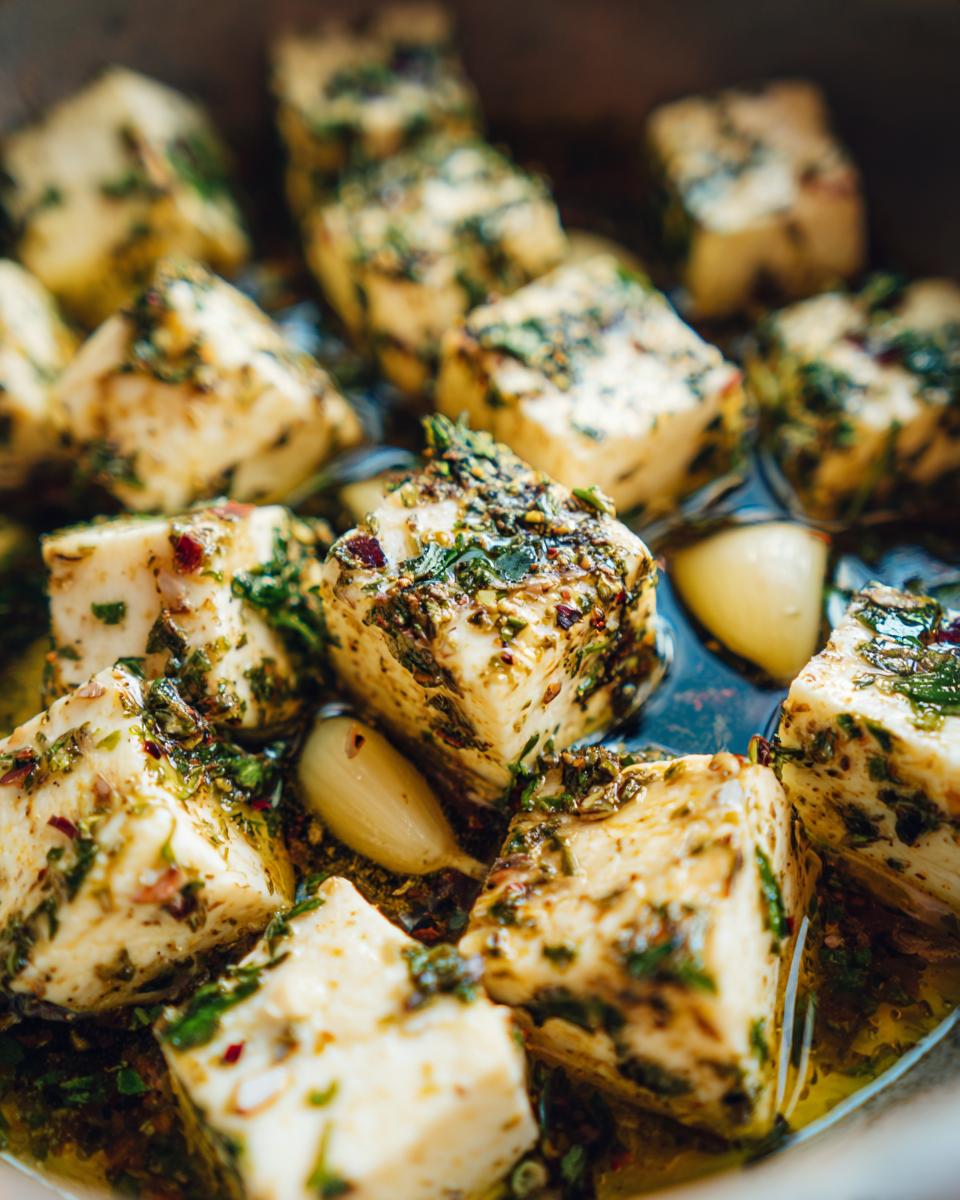 Close-up of cubed marinated cheese soaking in oil with herbs and whole cloves of garlic.