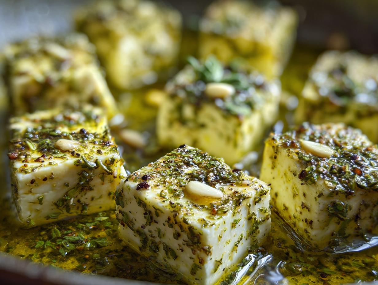 Close-up of cubes of marinated cheese soaking in olive oil, topped with green herbs and pine nuts.
