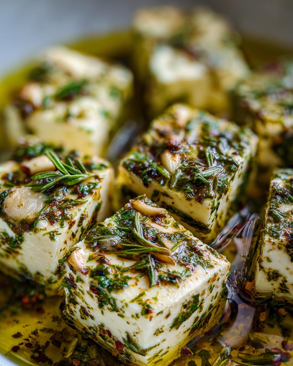 Close-up shot of white cheese cubes soaking in olive oil, heavily coated with herbs, garlic, and rosemary for marinated cheese.