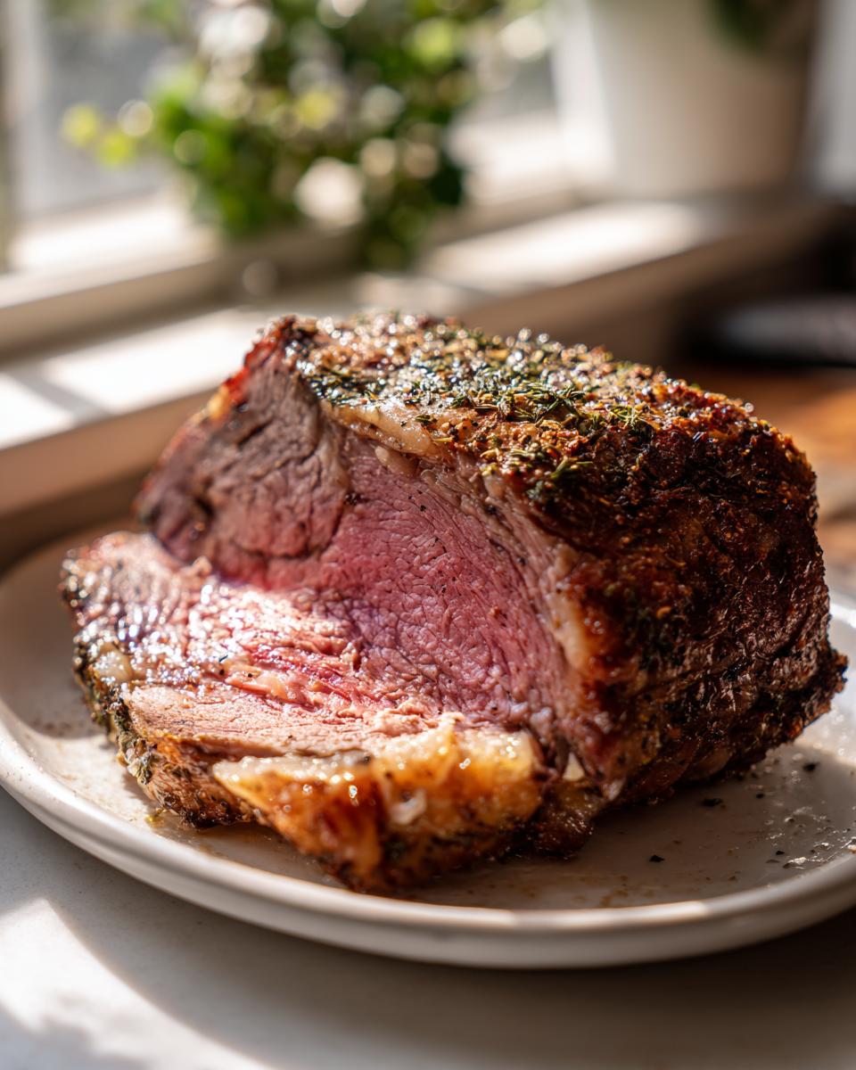 A thick slice of a perfectly cooked medium-rare rib roast, seasoned and resting on a white plate.