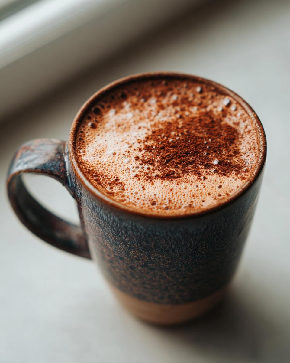 Close-up of a rich mexican hot chocolate topped with foam and cinnamon in a dark, speckled ceramic mug.