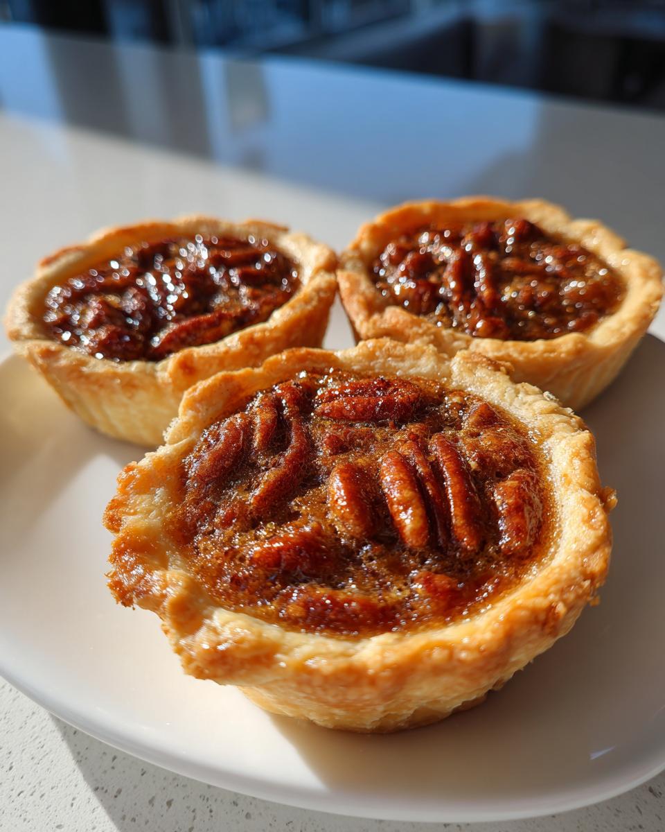 Close-up of three freshly baked mini pecan pies with glossy filling and flaky crusts sitting on a white plate.