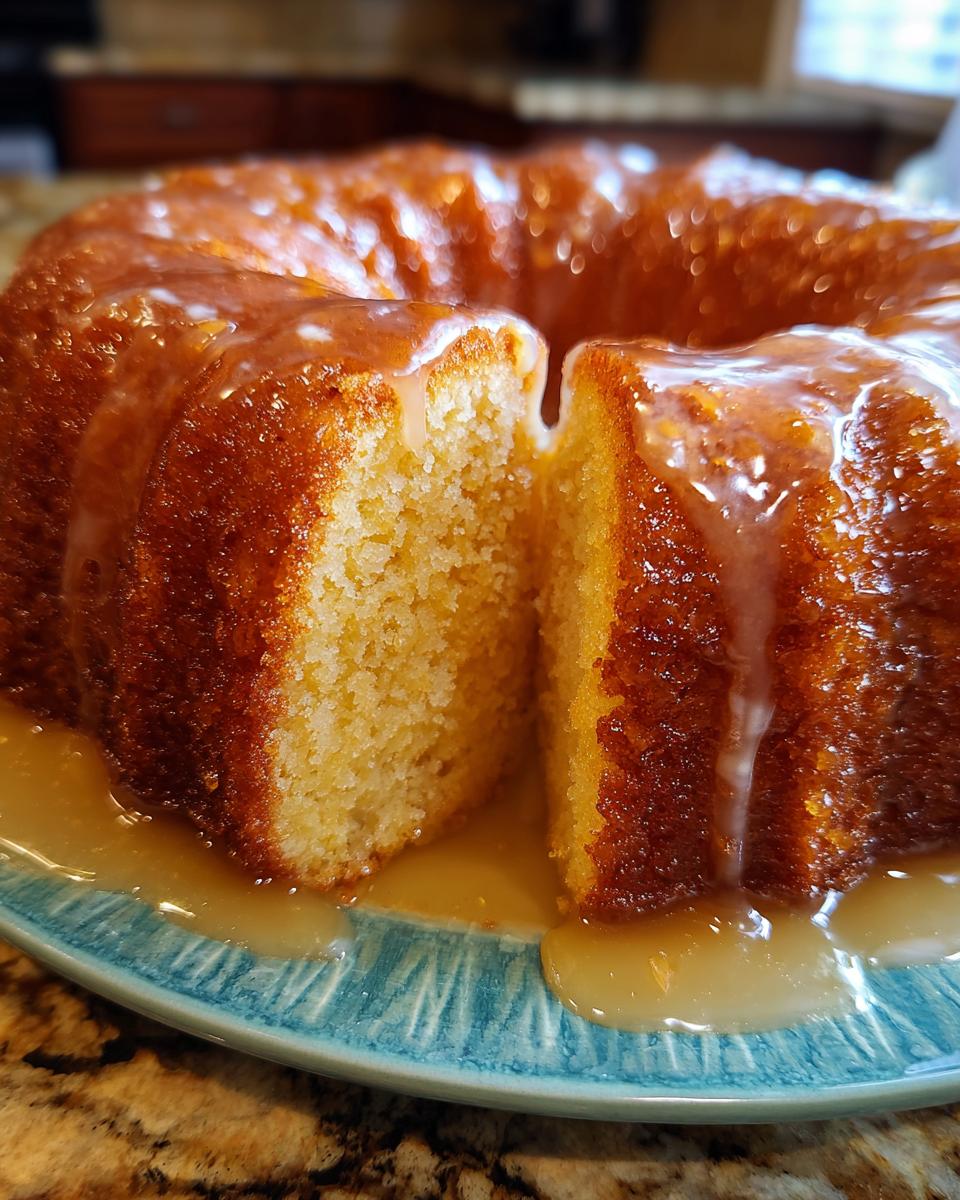 Close-up of a moist Bacardi Rum Cake, shaped like a bundt cake, with a rich rum glaze dripping down the sides.