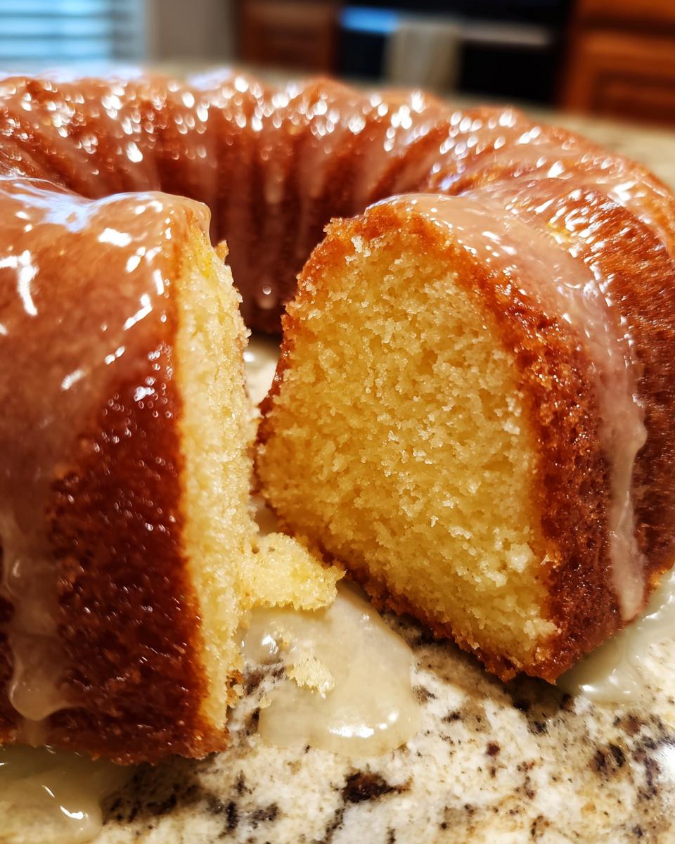 Close-up of a moist Bacardi rum cake with a thick rum glaze dripping down the sides after a slice has been cut.