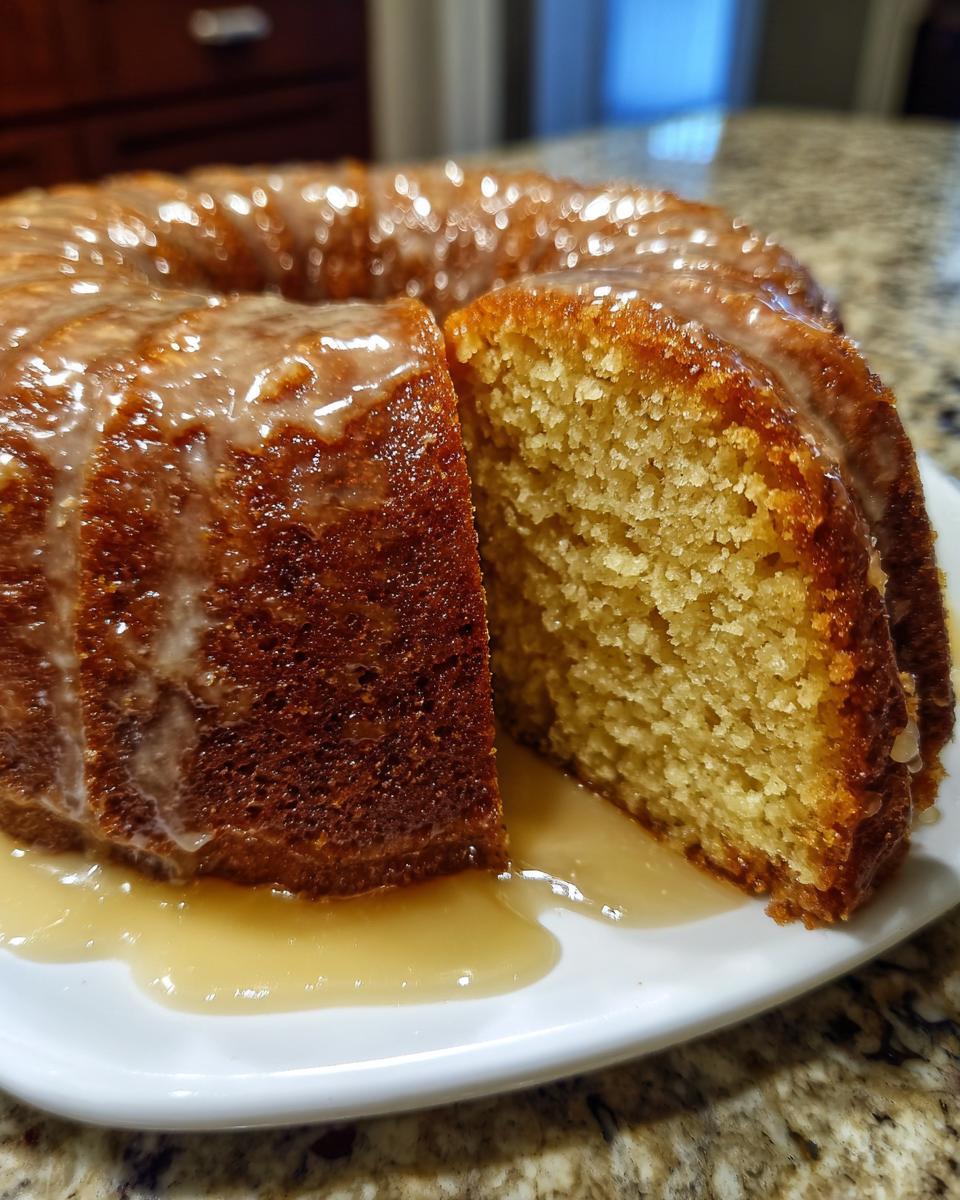 A close-up of a moist Bacardi rum cake with a slice cut out, showing the crumb texture and rum glaze pooling on the plate.