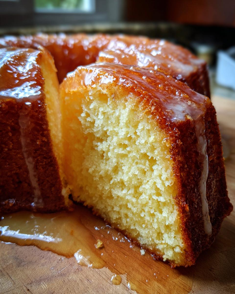 Close-up of a slice cut from a moist Bacardi rum cake, dripping with a rich, amber glaze.